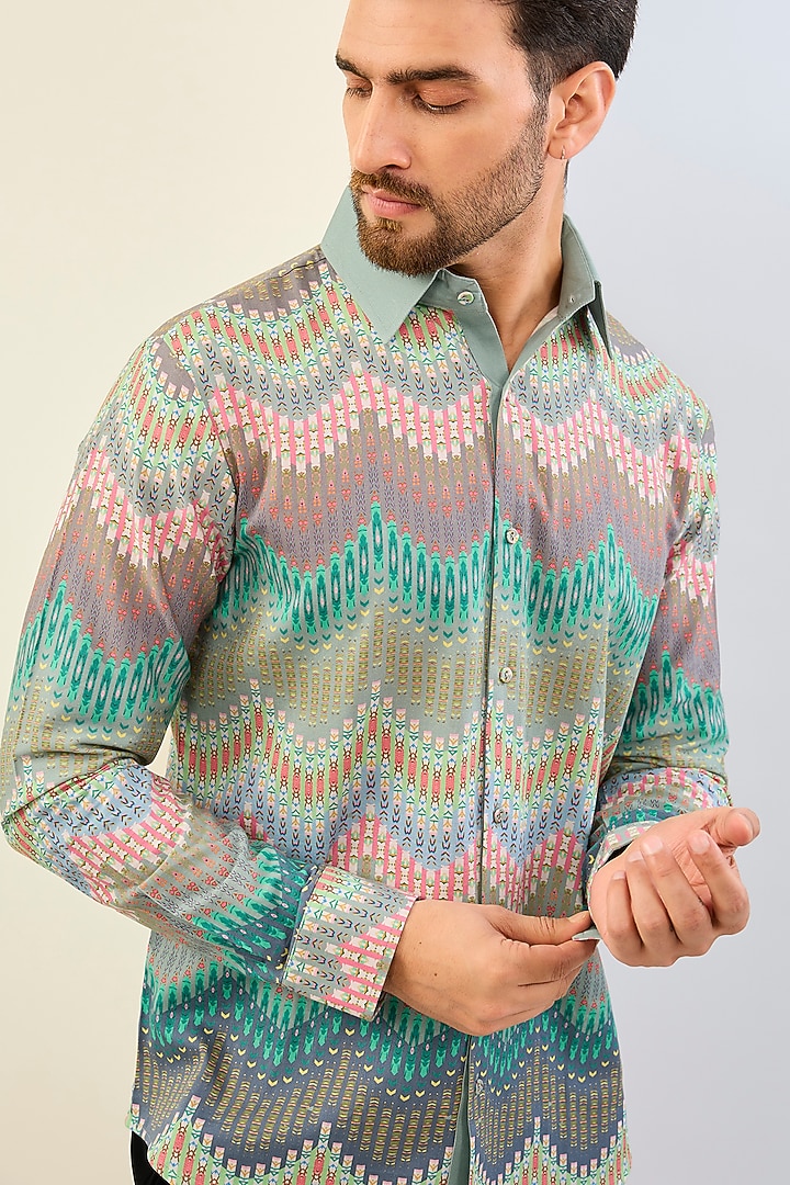Mint Cotton Satin Chevron Digital Printed Party Wear Shirt by Siddhartha Bansal Men at Pernia's Pop Up Shop