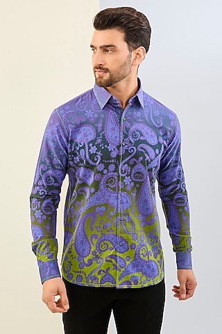 Purple Cotton Satin Digital Printed Shirt by Siddhartha Bansal Men