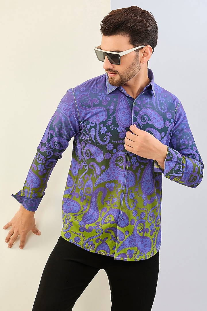 Purple Cotton Satin Digital Printed Party Wear Shirt by Siddhartha Bansal Men at Pernia's Pop Up Shop