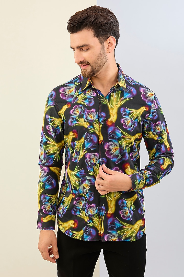 Black Cotton Satin Digital Printed Shirt by Siddhartha Bansal Men