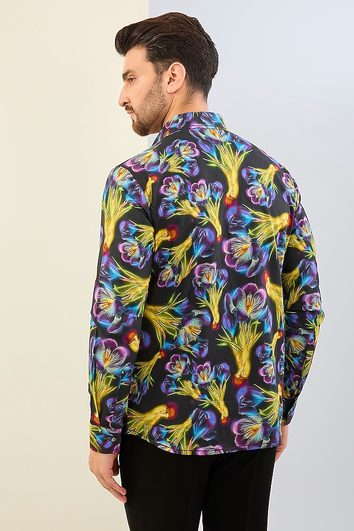 Black Cotton Satin Digital Printed Party Wear Shirt by Siddhartha Bansal Men at Pernia's Pop Up Shop