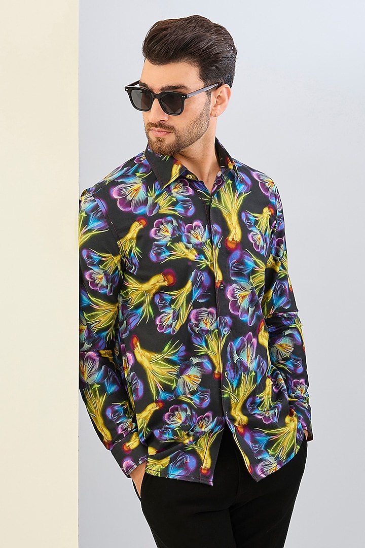 Black Cotton Satin Digital Printed Party Wear Shirt by Siddhartha Bansal Men at Pernia's Pop Up Shop