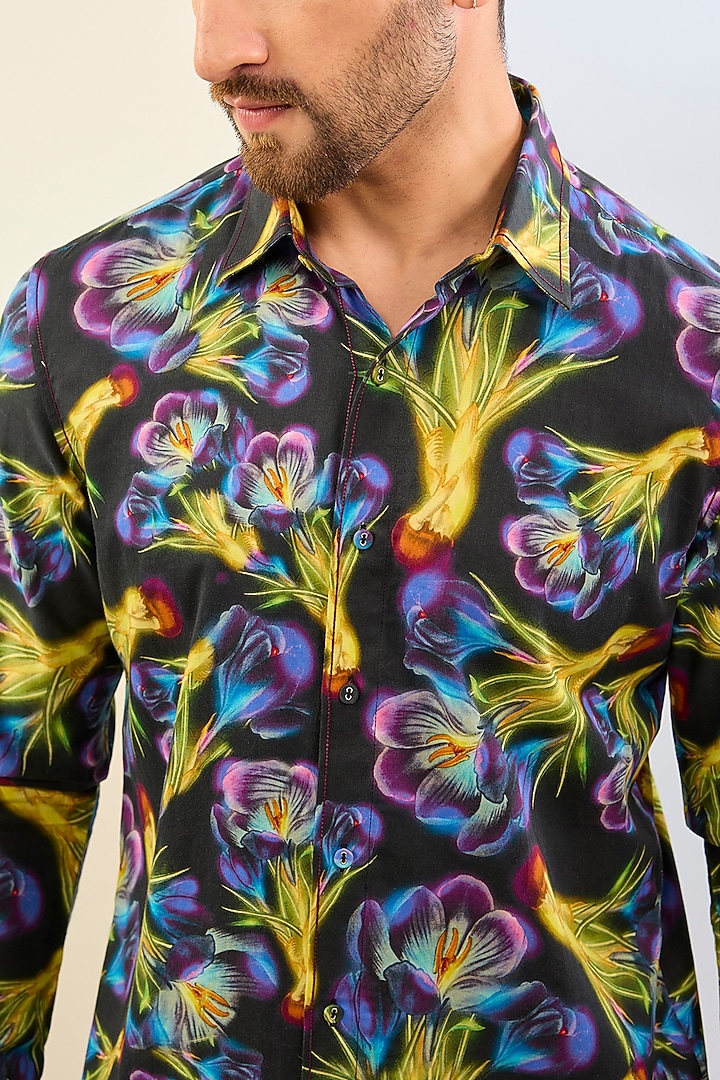 Black Cotton Satin Digital Printed Party Wear Shirt by Siddhartha Bansal Men at Pernia's Pop Up Shop