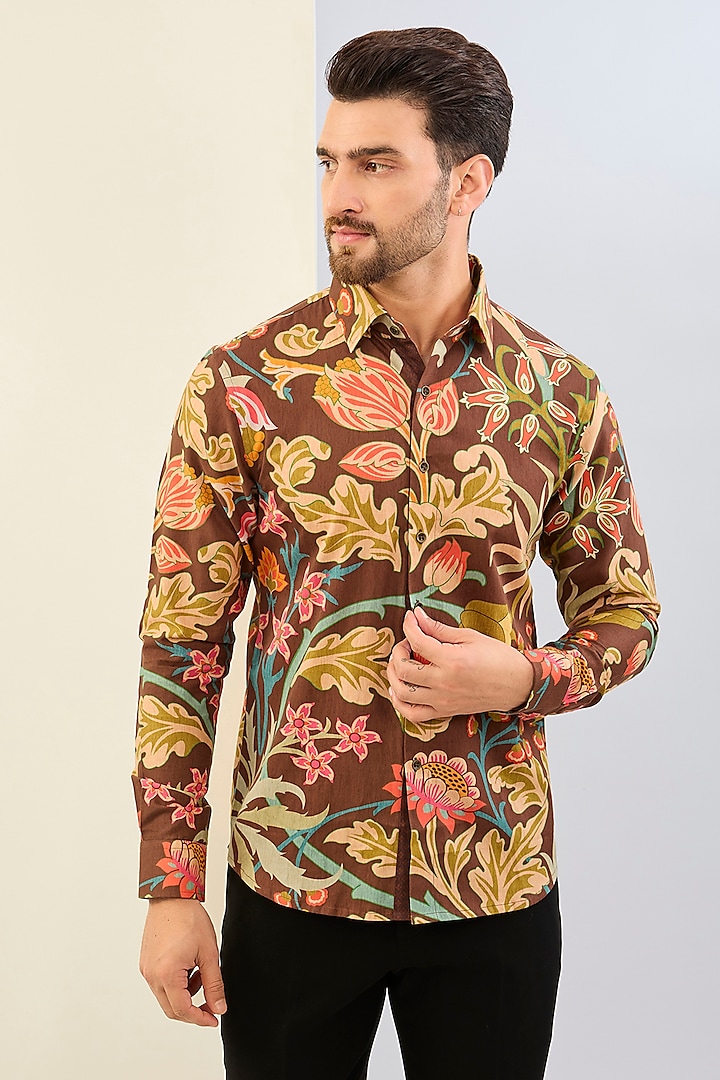 Brown Cotton Satin Digital Printed Shirt by Siddhartha Bansal Men at Pernia's Pop Up Shop