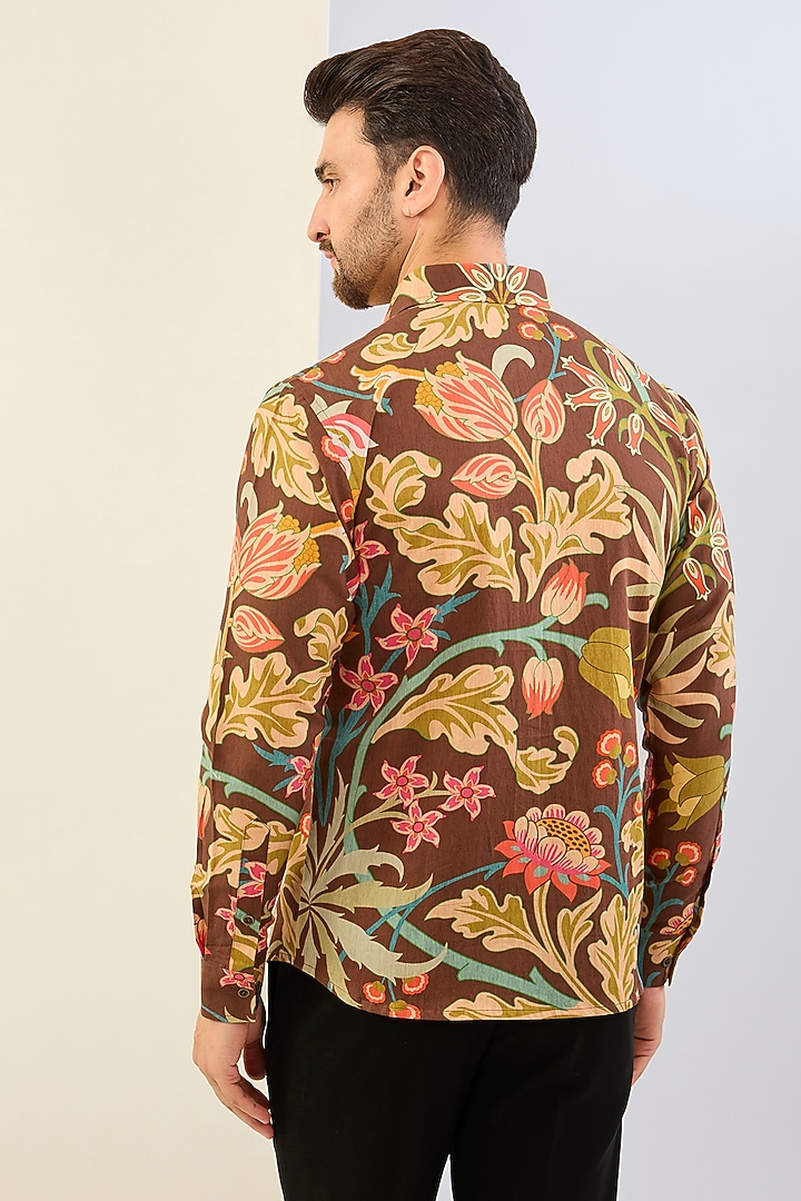 Brown Cotton Satin Digital Printed Party Wear Shirt by Siddhartha Bansal Men at Pernia's Pop Up Shop