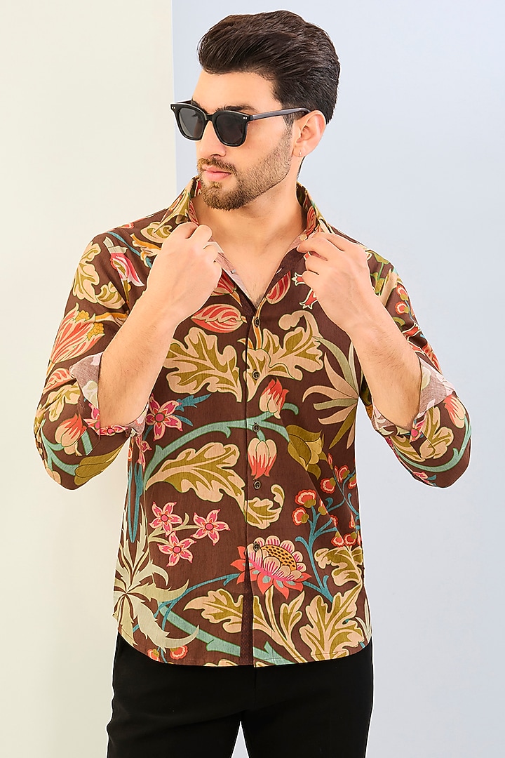 Brown Cotton Satin Digital Printed Party Wear Shirt by Siddhartha Bansal Men at Pernia's Pop Up Shop