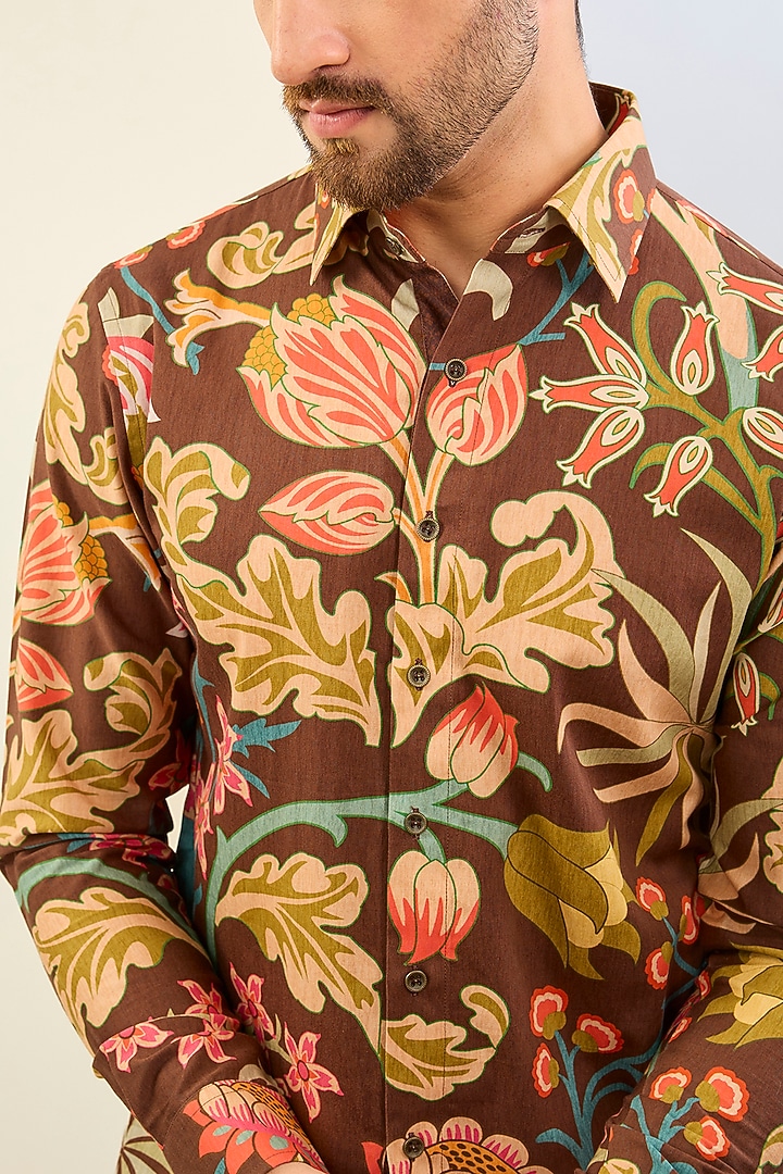 Brown Cotton Satin Digital Printed Party Wear Shirt by Siddhartha Bansal Men at Pernia's Pop Up Shop