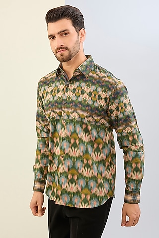 Green Cotton Satin Digital Printed Shirt by Siddhartha Bansal Men