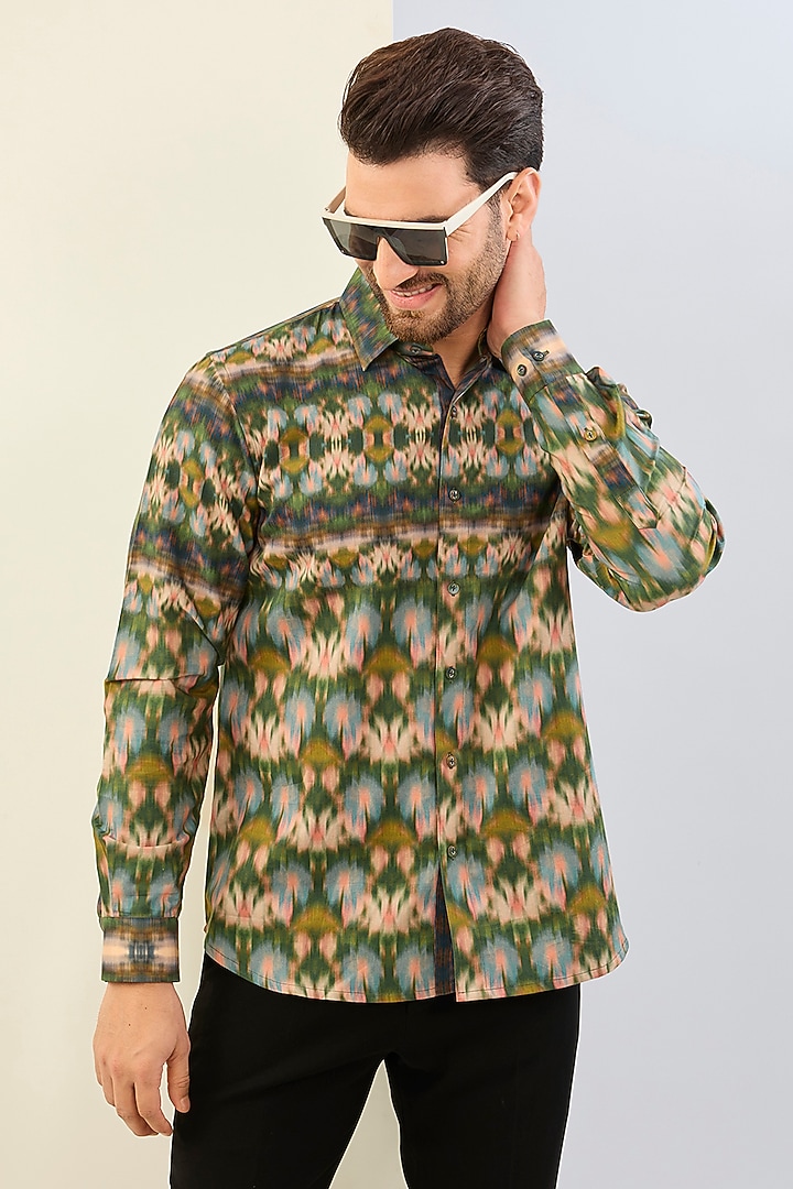Green Cotton Satin Digital Printed Party Wear Shirt by Siddhartha Bansal Men at Pernia's Pop Up Shop