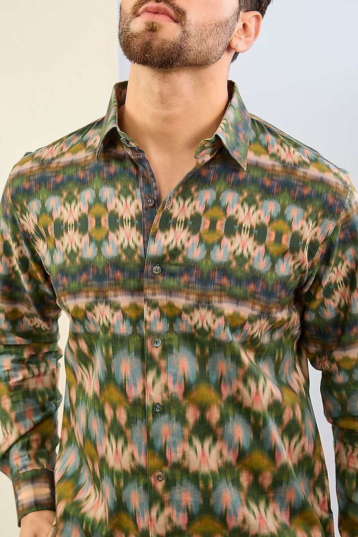 Green Cotton Satin Digital Printed Party Wear Shirt by Siddhartha Bansal Men at Pernia's Pop Up Shop