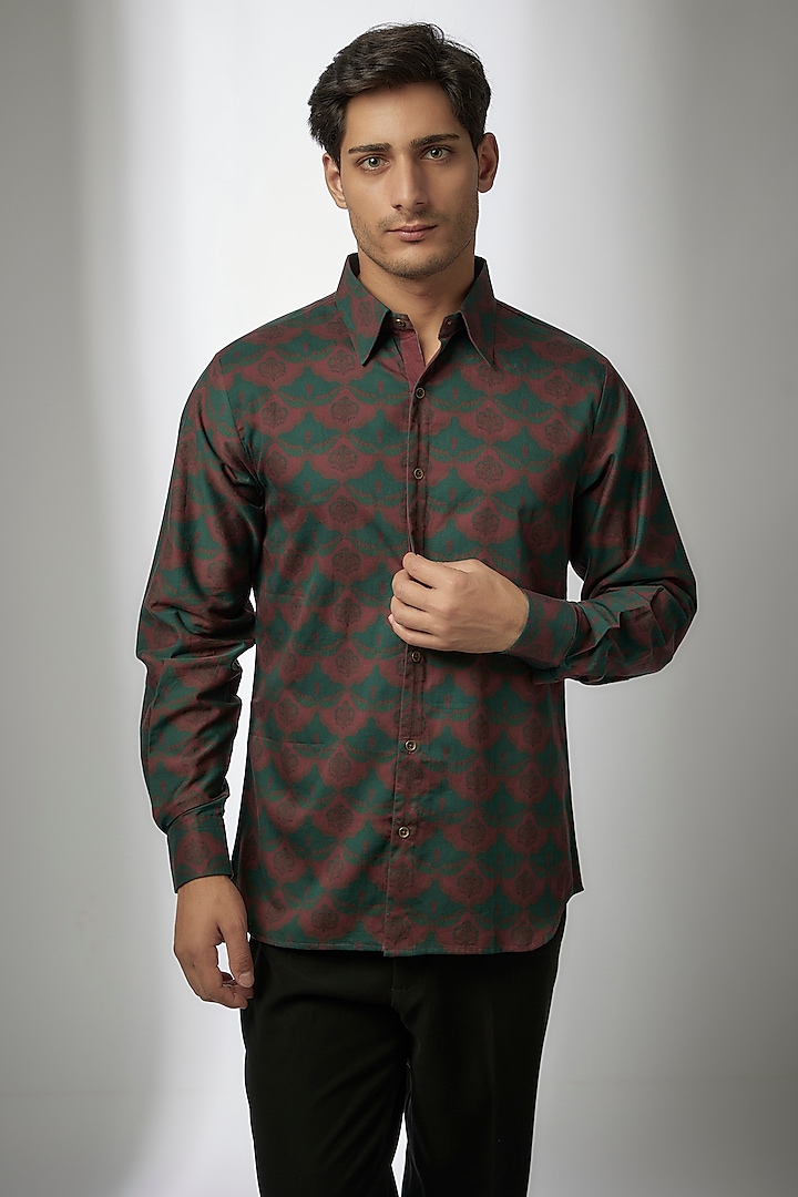 Green Cotton Satin Digital Printed Shirt by Siddhartha Bansal Men