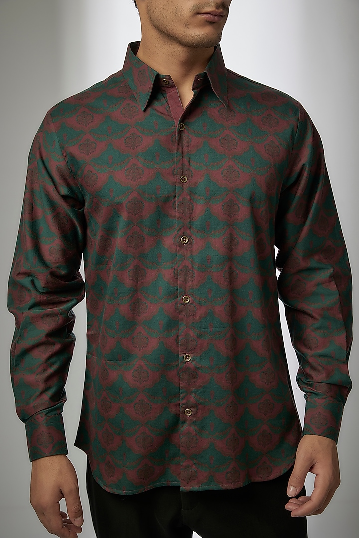 Green Cotton Satin Digital Printed Party Wear Shirt by Siddhartha Bansal Men at Pernia's Pop Up Shop