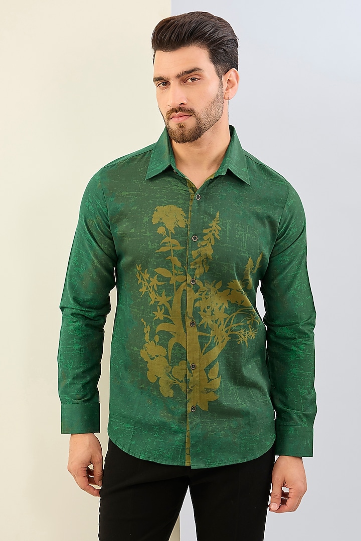 Green Cotton Satin Digital Printed Shirt by Siddhartha Bansal Men at Pernia's Pop Up Shop