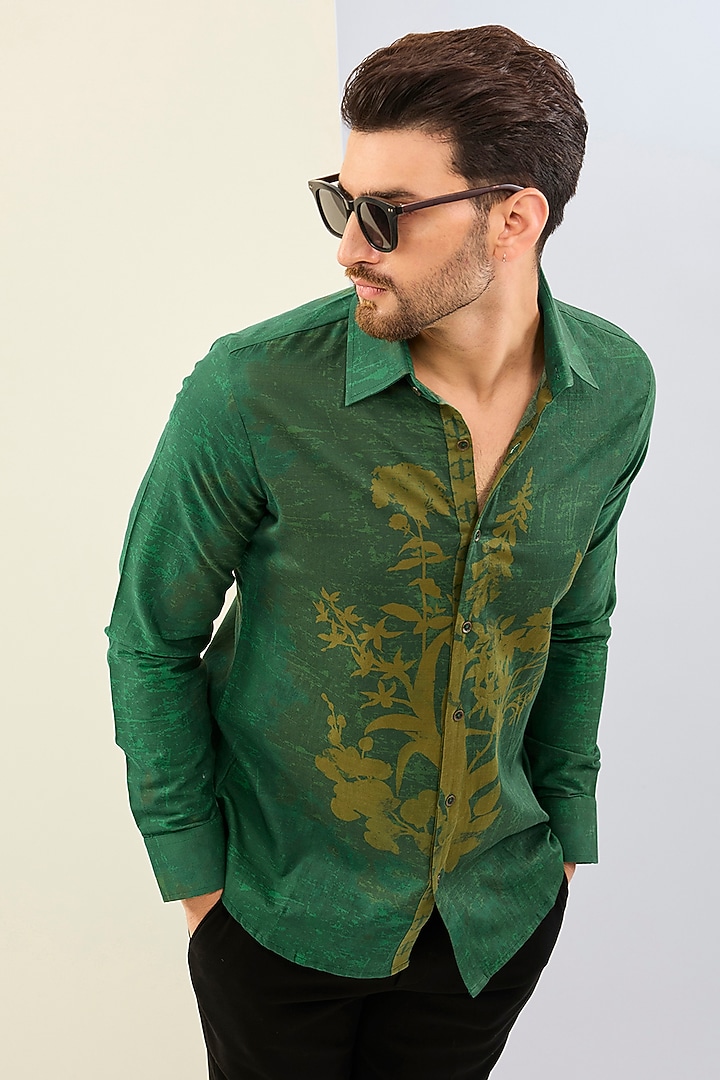 Green Cotton Satin Digital Printed Party Wear Shirt by Siddhartha Bansal Men at Pernia's Pop Up Shop