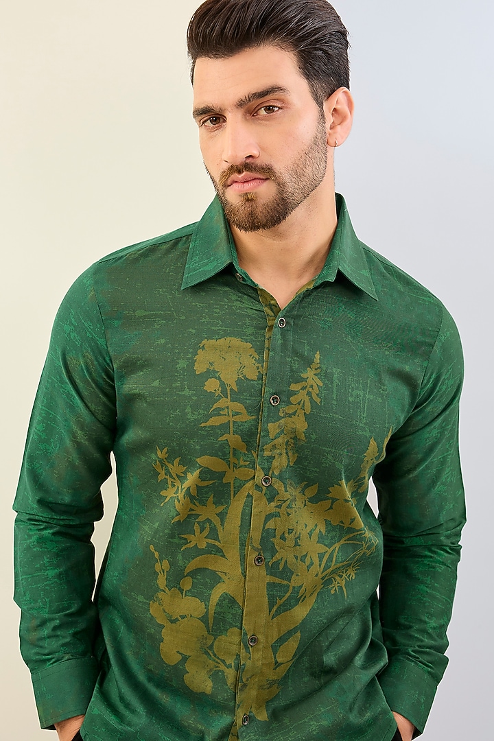 Green Cotton Satin Digital Printed Party Wear Shirt by Siddhartha Bansal Men at Pernia's Pop Up Shop