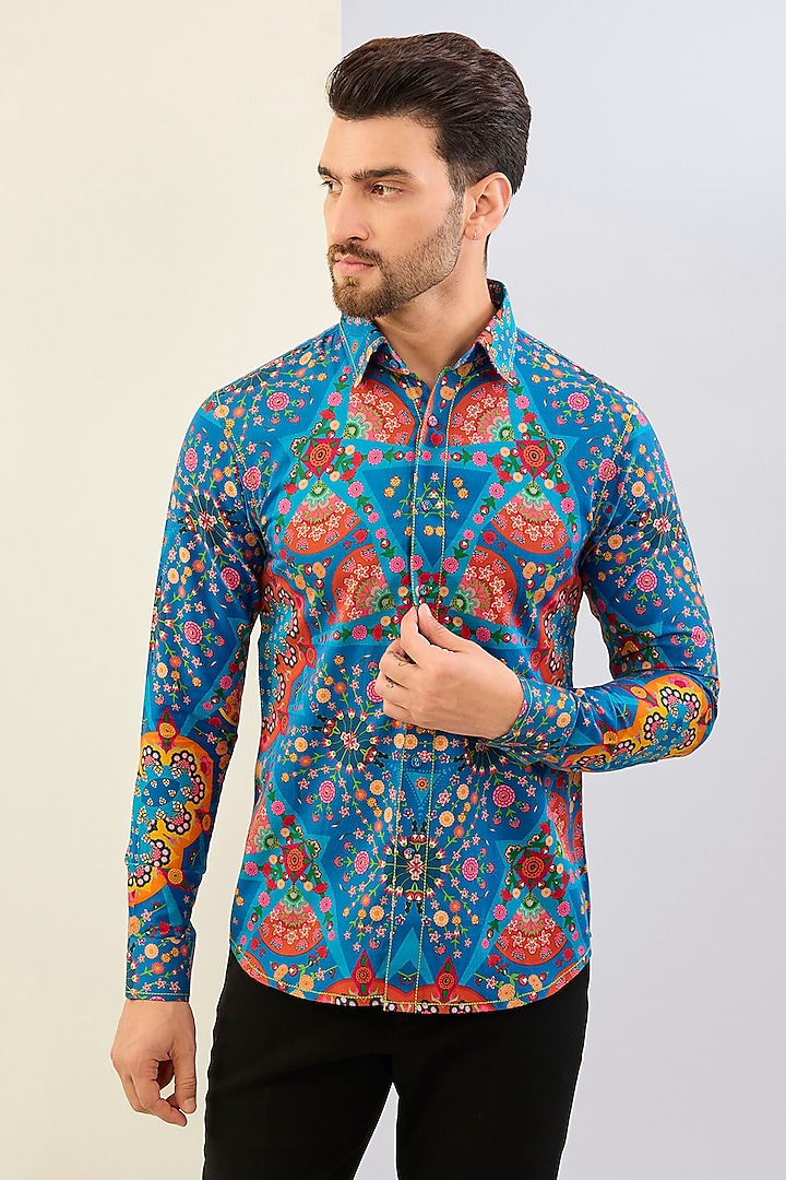 Blue Cotton Satin Digital Printed Shirt by Siddhartha Bansal Men at Pernia's Pop Up Shop