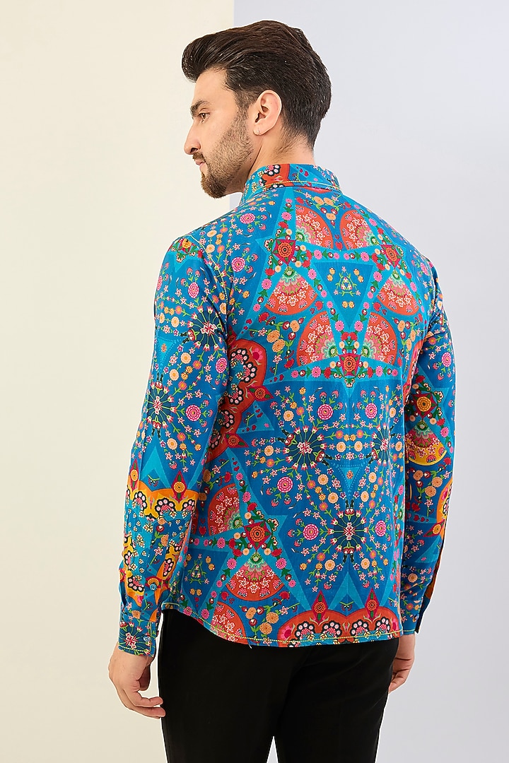Blue Cotton Satin Digital Printed Party Wear Shirt by Siddhartha Bansal Men at Pernia's Pop Up Shop