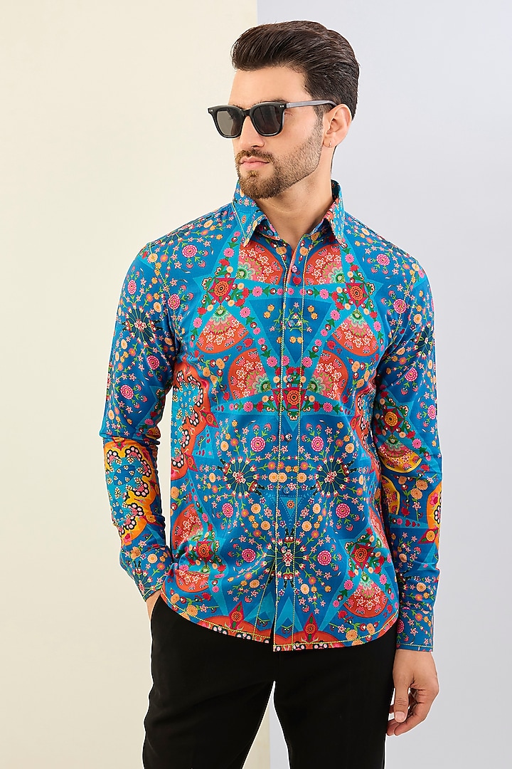 Blue Cotton Satin Digital Printed Party Wear Shirt by Siddhartha Bansal Men at Pernia's Pop Up Shop