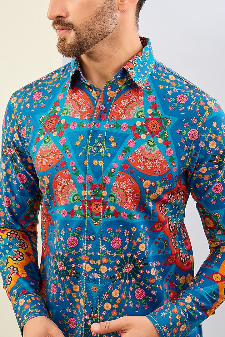 Blue Cotton Satin Digital Printed Party Wear Shirt by Siddhartha Bansal Men at Pernia's Pop Up Shop
