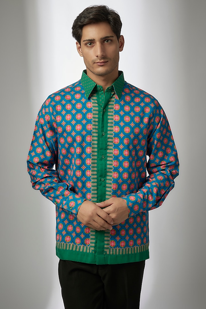 Blue Cotton Satin Digital Printed Shirt by Siddhartha Bansal Men