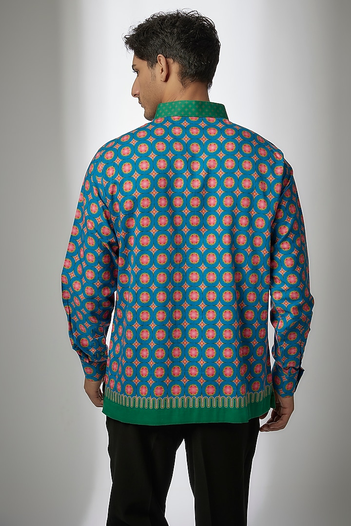 Blue Cotton Satin Digital Printed Party Wear Shirt by Siddhartha Bansal Men at Pernia's Pop Up Shop