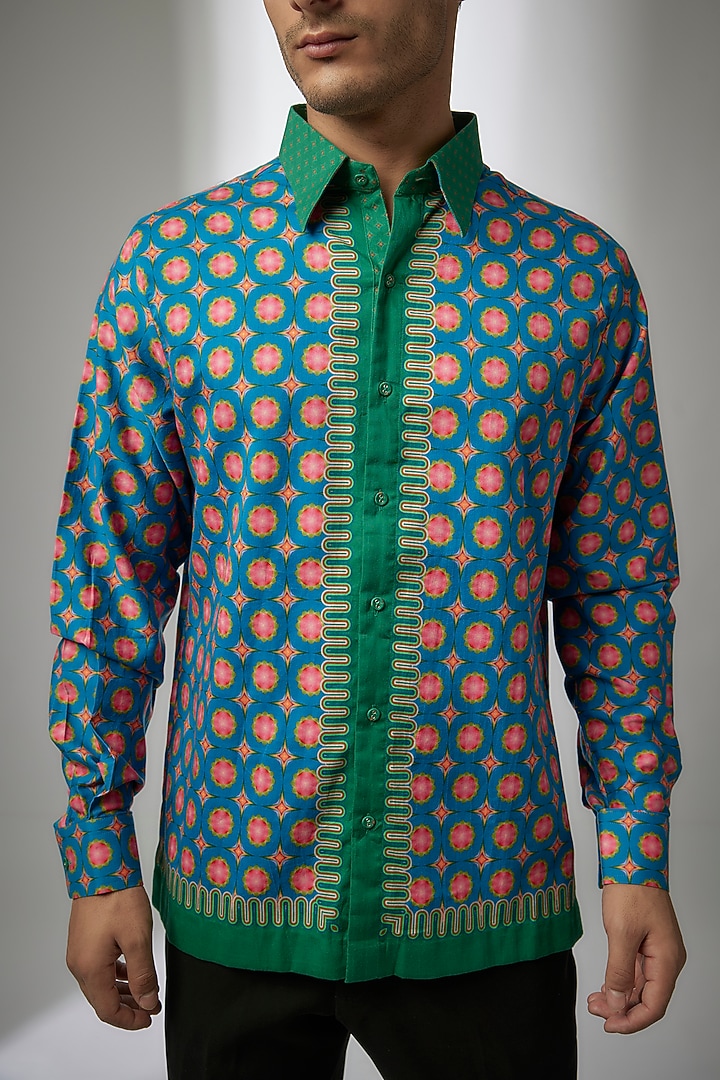 Blue Cotton Satin Digital Printed Party Wear Shirt by Siddhartha Bansal Men at Pernia's Pop Up Shop