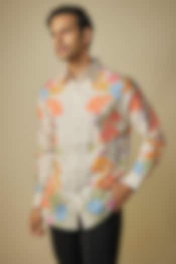 Buttercream Beige Cotton Satin Digital Printed Shirt by Siddhartha Bansal Men at Pernia's Pop Up Shop