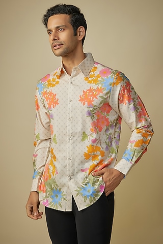 Buttercream Beige Cotton Satin Digital Printed Shirt by Siddhartha Bansal Men