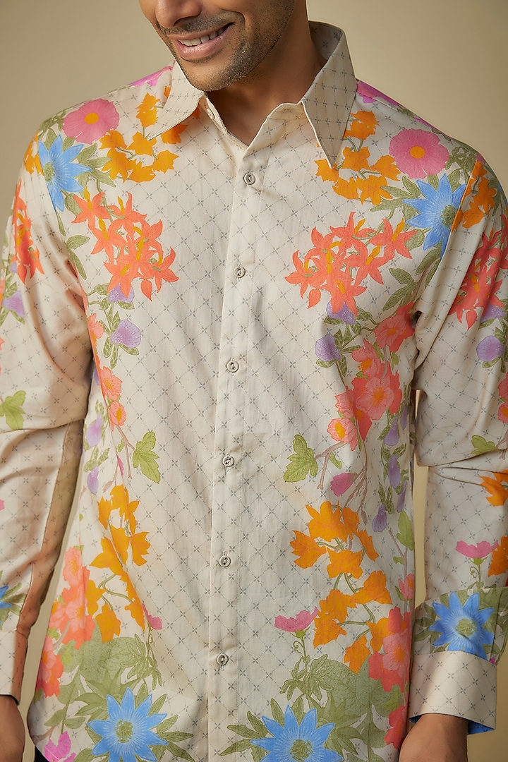 Buttercream Beige Cotton Satin Digital Printed Shirt by Siddhartha Bansal Men at Pernia's Pop Up Shop
