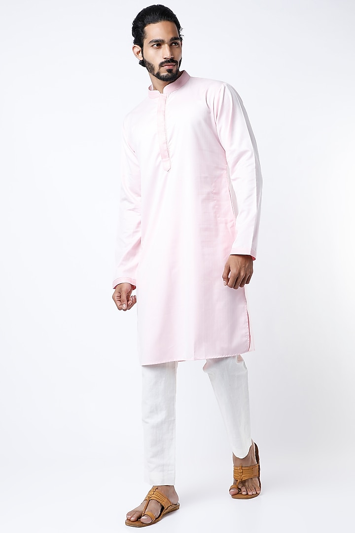 Powder Pink Cotton Satin Kurta Set by Siddhartha Bansal Men