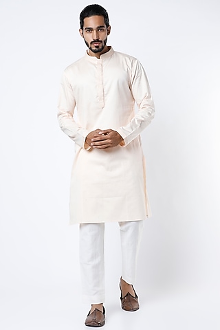 Pale Coral Cotton Satin Kurta Set by Siddhartha Bansal Men