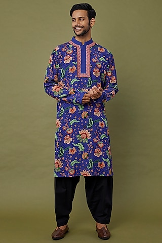 Cobalt Blue Digital Printed Kurta Set by Siddhartha Bansal Men