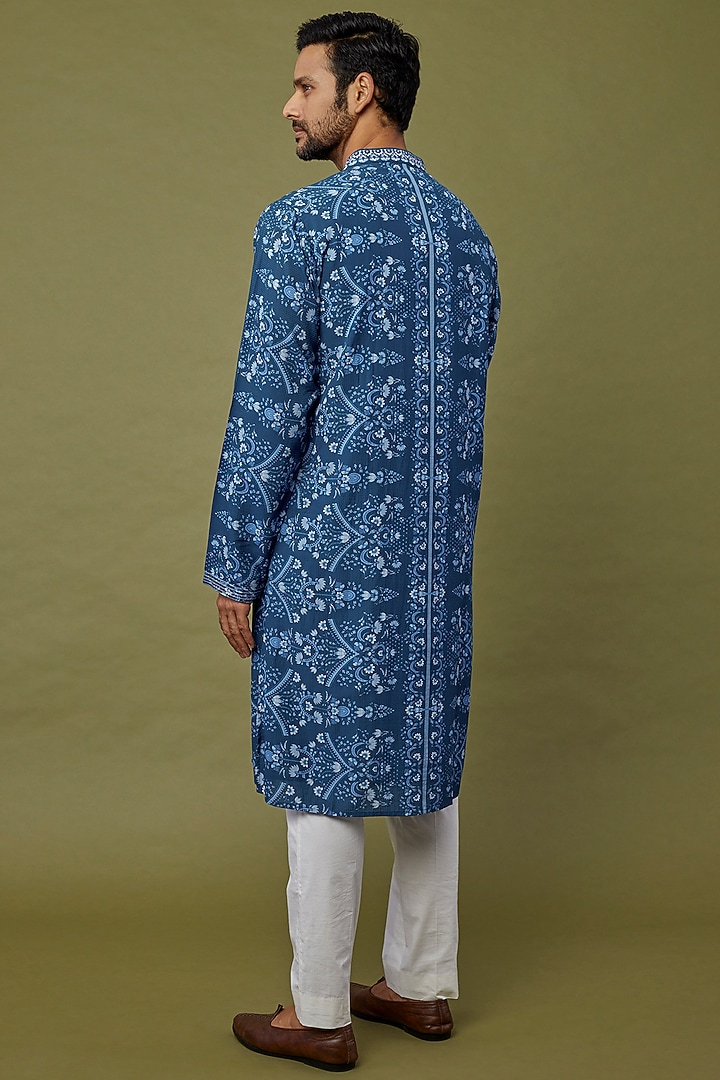 Cobalt Blue Viscose Printed Kurta Set by Siddhartha Bansal Men at Pernia's Pop Up Shop