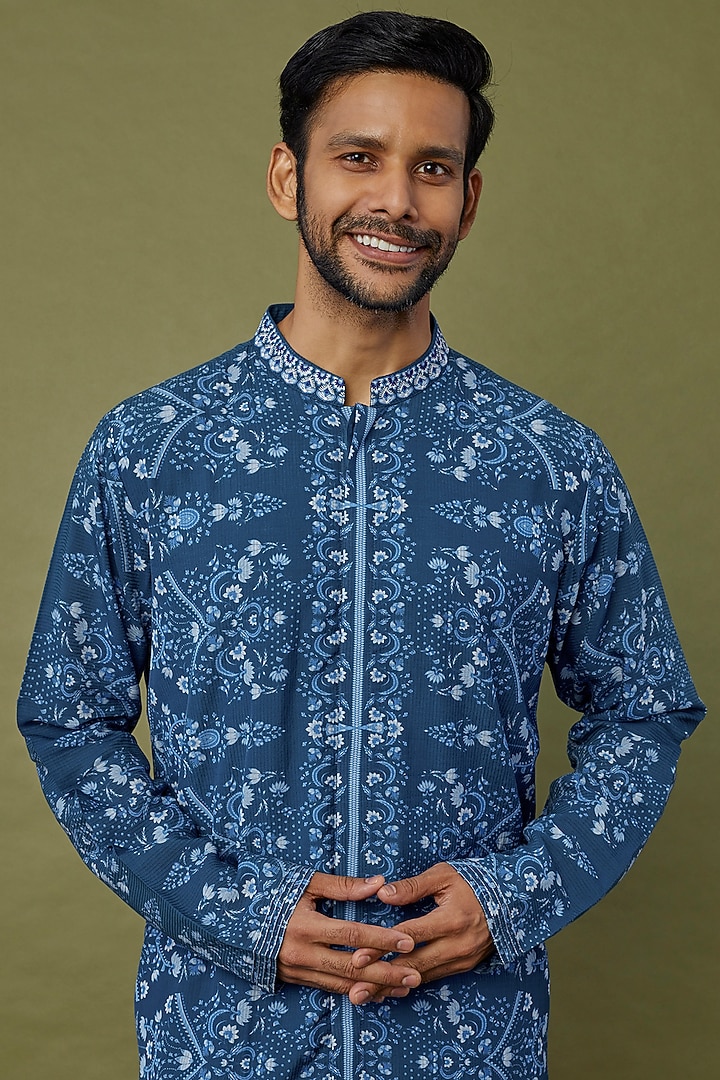 Cobalt Blue Viscose Printed Kurta Set by Siddhartha Bansal Men at Pernia's Pop Up Shop