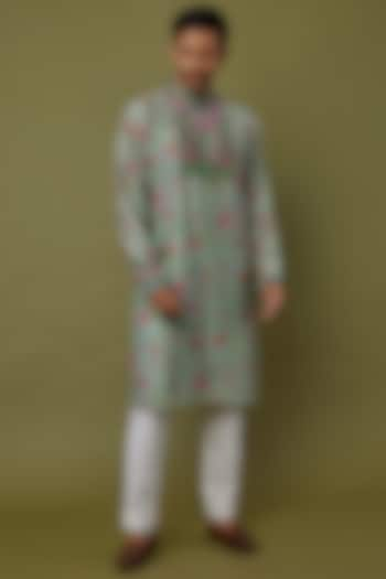 Mint Green Cotton Chanderi Kurta Set by Siddhartha Bansal Men