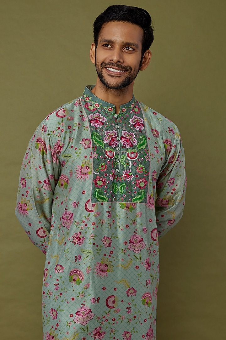 Mint Green Cotton Chanderi Kurta Set by Siddhartha Bansal Men at Pernia's Pop Up Shop