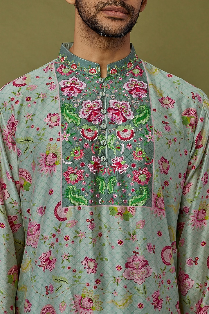 Mint Green Cotton Chanderi Kurta Set by Siddhartha Bansal Men at Pernia's Pop Up Shop