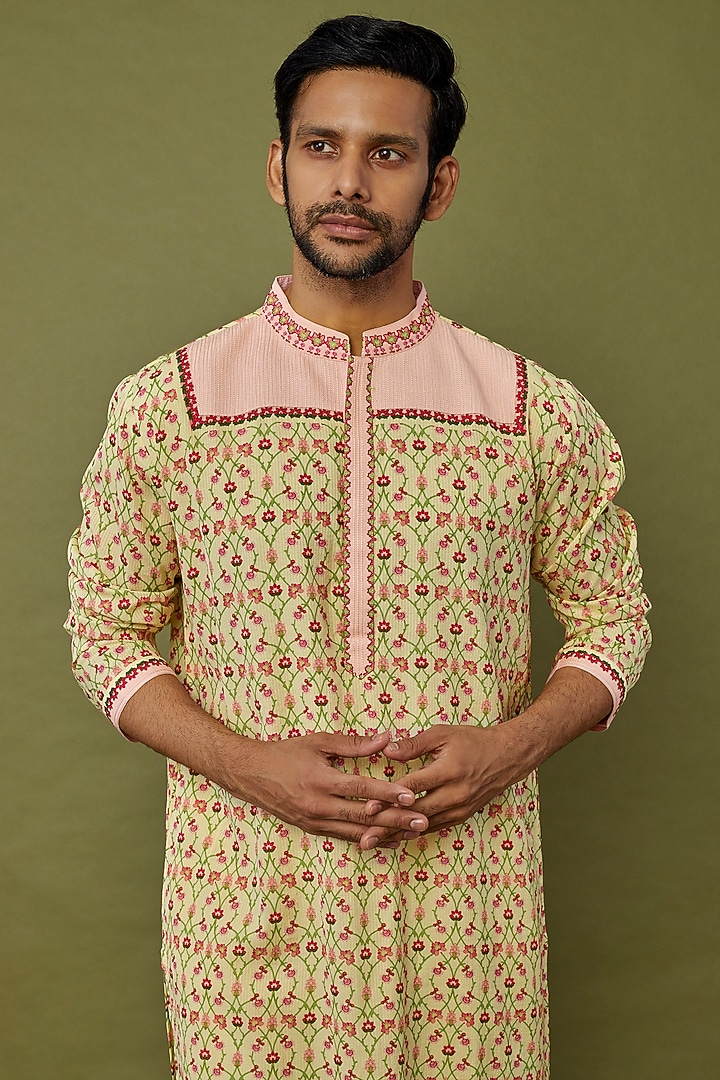 Yellow Viscose Stripe Printed & Embroidered Kurta Set by Siddhartha Bansal Men at Pernia's Pop Up Shop