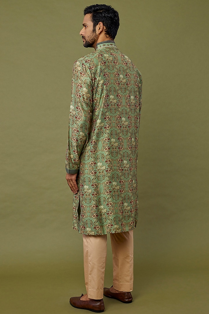 Olive Green Cotton Chanderi Digital Printed & Embroidered Kurta Set by Siddhartha Bansal Men at Pernia's Pop Up Shop