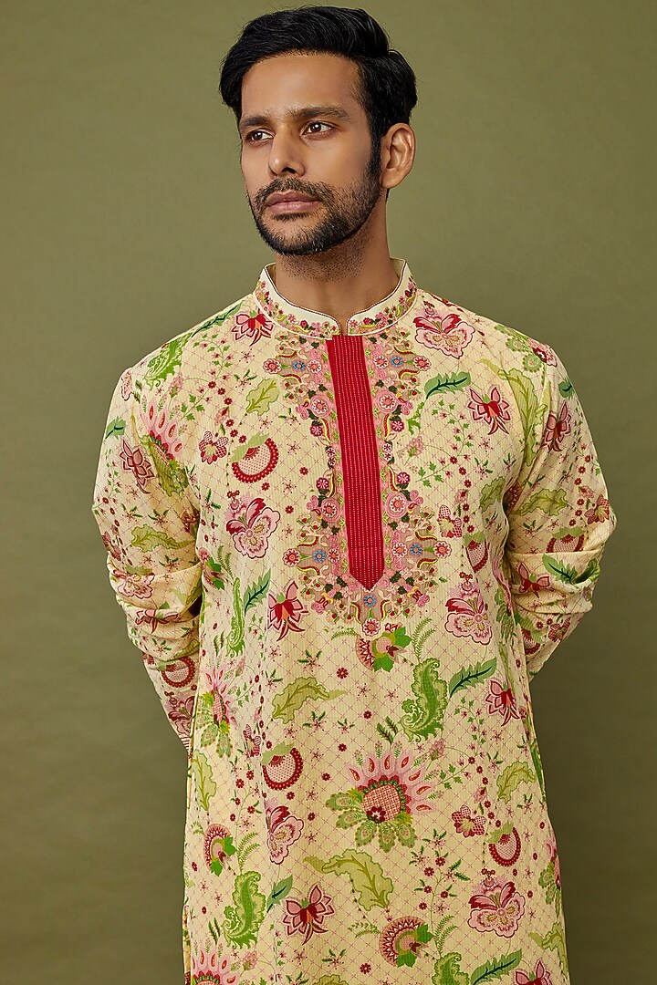 Yellow Viscose Stripe Printed & Embroidered Kurta Set by Siddhartha Bansal Men at Pernia's Pop Up Shop