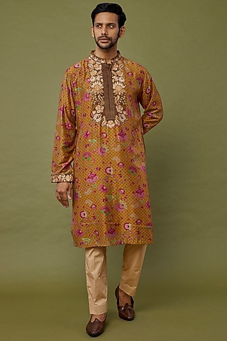 Brown Printed Kurta Set by Siddhartha Bansal Men