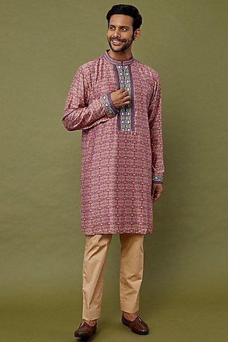 Lilac Embroidered & Printed Kurta Set by Siddhartha Bansal Men