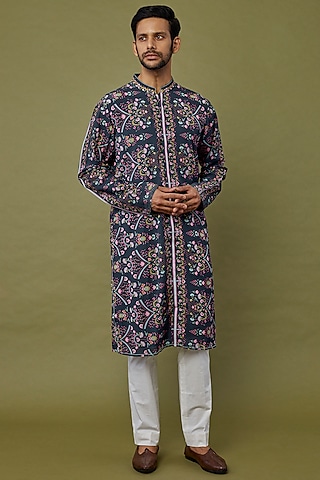 Cobalt Blue Printed Kurta Set by Siddhartha Bansal Men