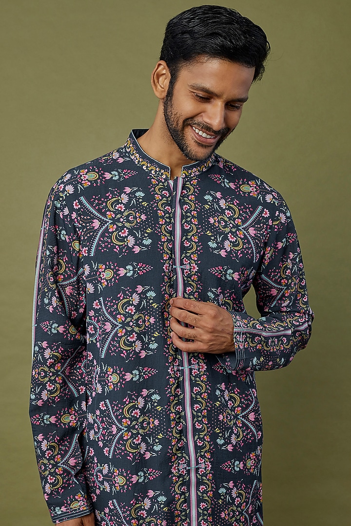 Cobalt Blue Printed Kurta Set by Siddhartha Bansal Men at Pernia's Pop Up Shop