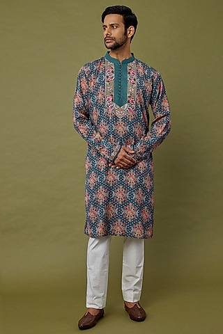 Blue & Grey Printed Kurta Set by Siddhartha Bansal Men