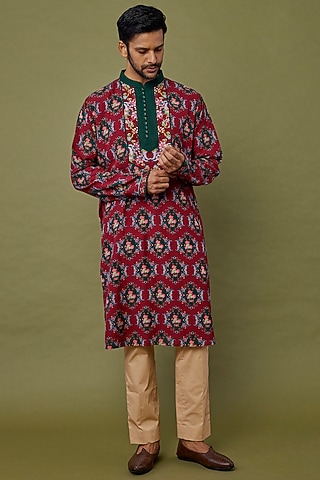 Red Embroidered Kurta Set by Siddhartha Bansal Men