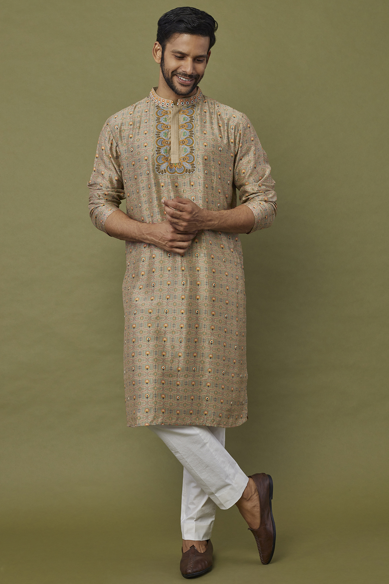 Beige Cotton Chanderi Dori Embroidered Kurta Set by Siddhartha Bansal Men