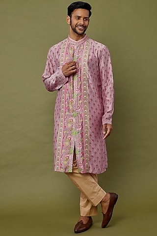 Lavender Embroidered Kurta Set by Siddhartha Bansal Men