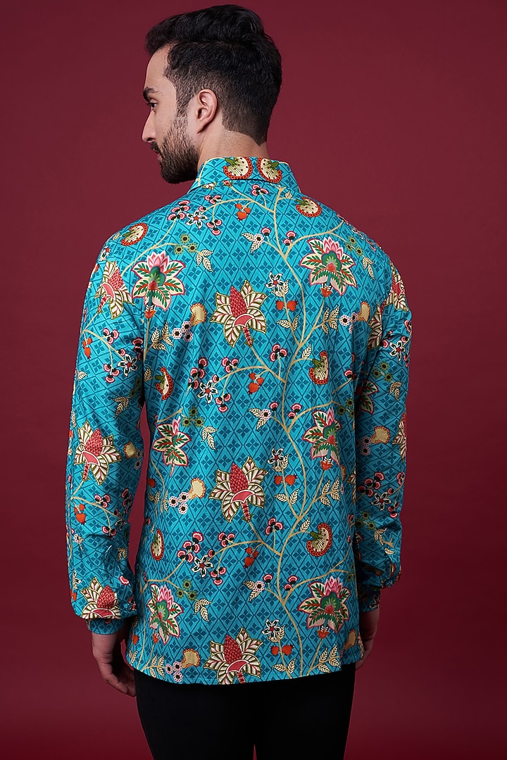 Aqua Cotton Satin Floral Digital Printed Party Wear Shirt by Siddhartha Bansal Men at Pernia's Pop Up Shop