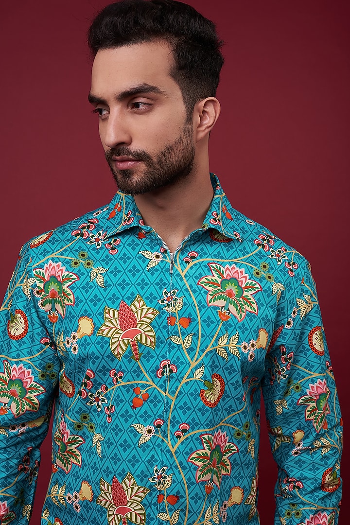 Aqua Cotton Satin Floral Digital Printed Party Wear Shirt by Siddhartha Bansal Men at Pernia's Pop Up Shop